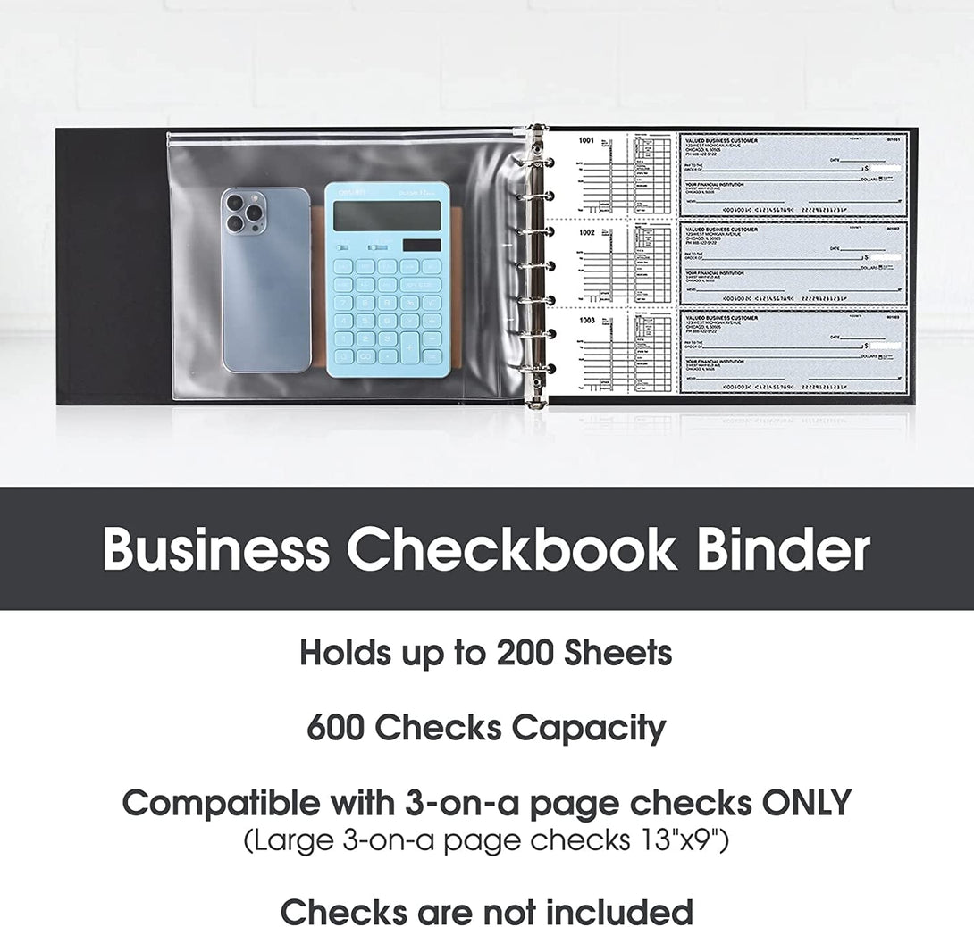 7 Ring Check Binder, 3-On-A-Page Business Checkbook Holder, 500 Checks Capacity, with 2024-2030 Calendar Organizer, Sleek Business Design (Black)
