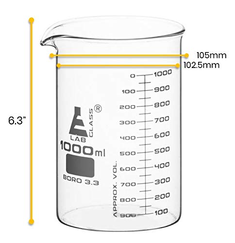 EISCO Beaker, 1000Ml - ASTM - Low Form with Spout - Dual Scale, White Graduations - Borosilicate 3.3 Glass