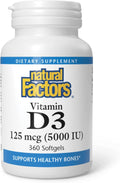 Natural Factors, Vitamin D3 5000 IU (125 Mcg), Supports Strong Bones, Muscles and Immune Function, 360 Softgels