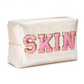 Y1Tvei 2Pcs Preppy Patch SKIN BATH Varsity Letter Cosmetic Toiletry Bag Pink Letter Makeup Bag Zipper Pouch Storage Portable Purse Waterproof