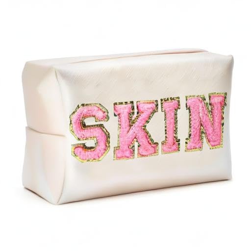 Y1Tvei 2Pcs Preppy Patch SKIN BATH Varsity Letter Cosmetic Toiletry Bag Pink Letter Makeup Bag Zipper Pouch Storage Portable Purse Waterproof