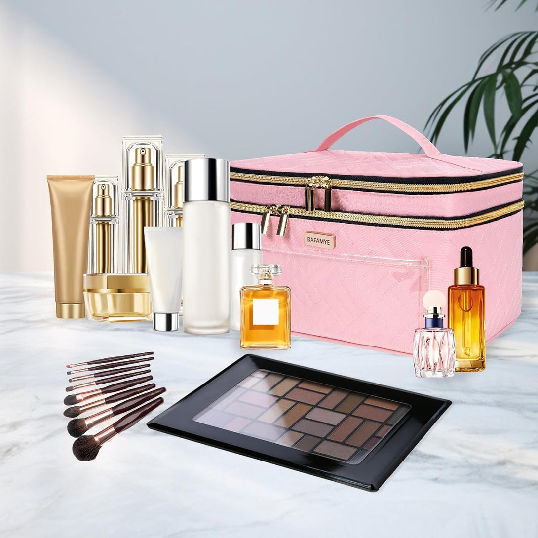 8.8L Double Layer Travel Makeup Bag Women, Large Cosmetic Case, Organizer for Travel-Size Accessories Bottles, Brushes, and Skin Care Products, Pink 2.33 GAL