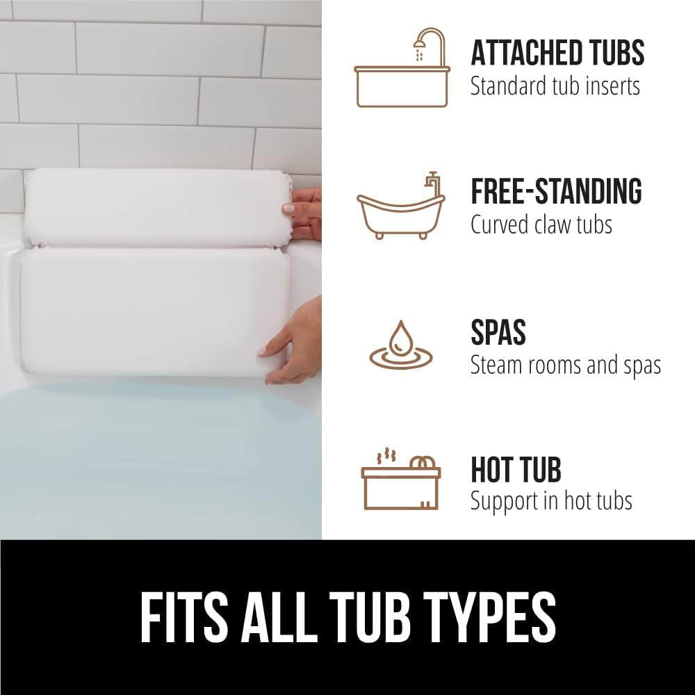 GORILLA GRIP Bath Pillow for Tub, Improved Suction Cups, Luxury Bathtub Pillows, Headrest for Neck and Back Support, Relaxing Home Spa, Hot Tubs and Bathroom Essentials, Gifts for Women, 2 Panel White