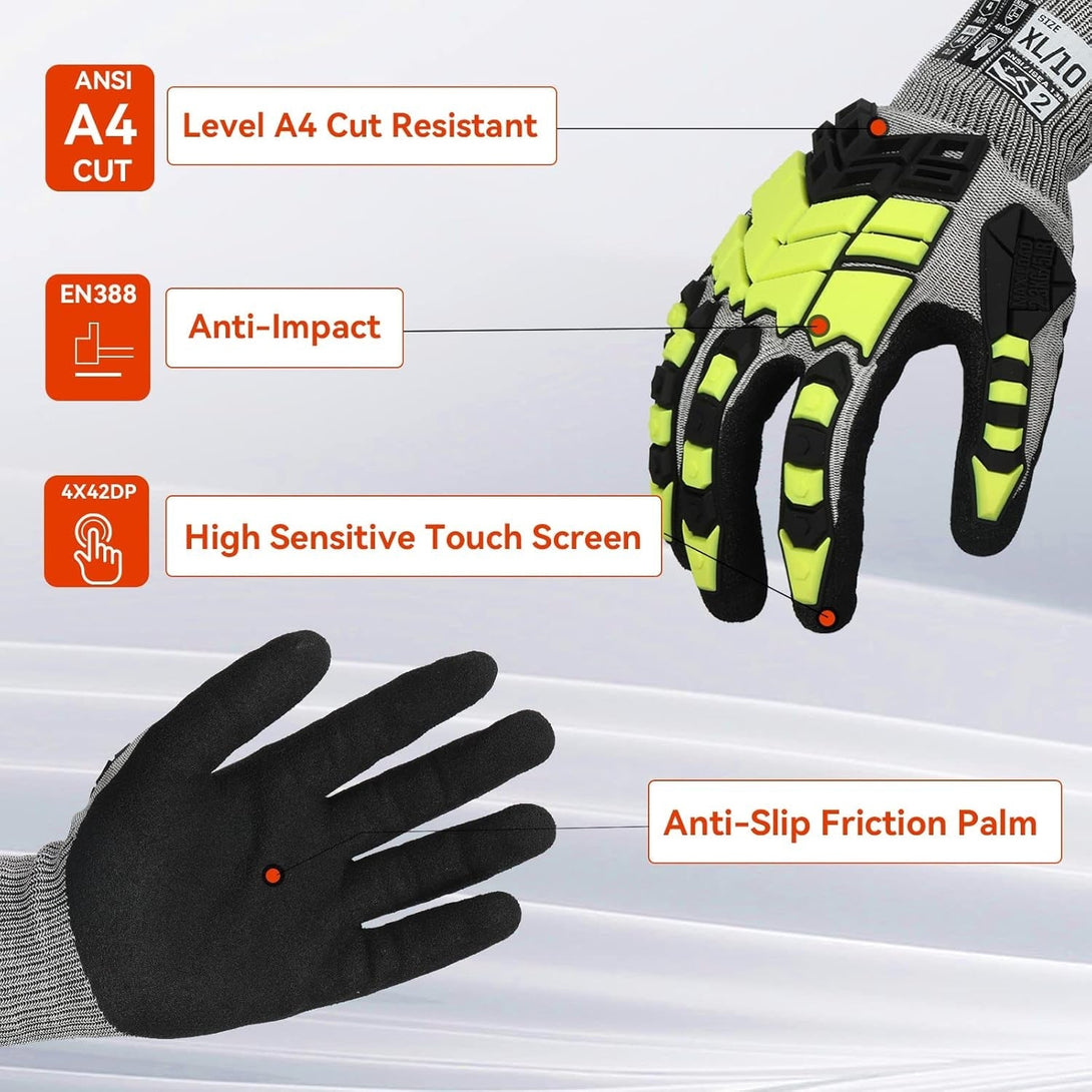 2 Pairs Safety Work Gloves,Impact Gloves for Men Women,Cut Resistant Non-Slip Heavy Duty Gloves with Nitrile Grip,Touch Screen Glove with Impact Protection for Mechanic Construction, Medium
