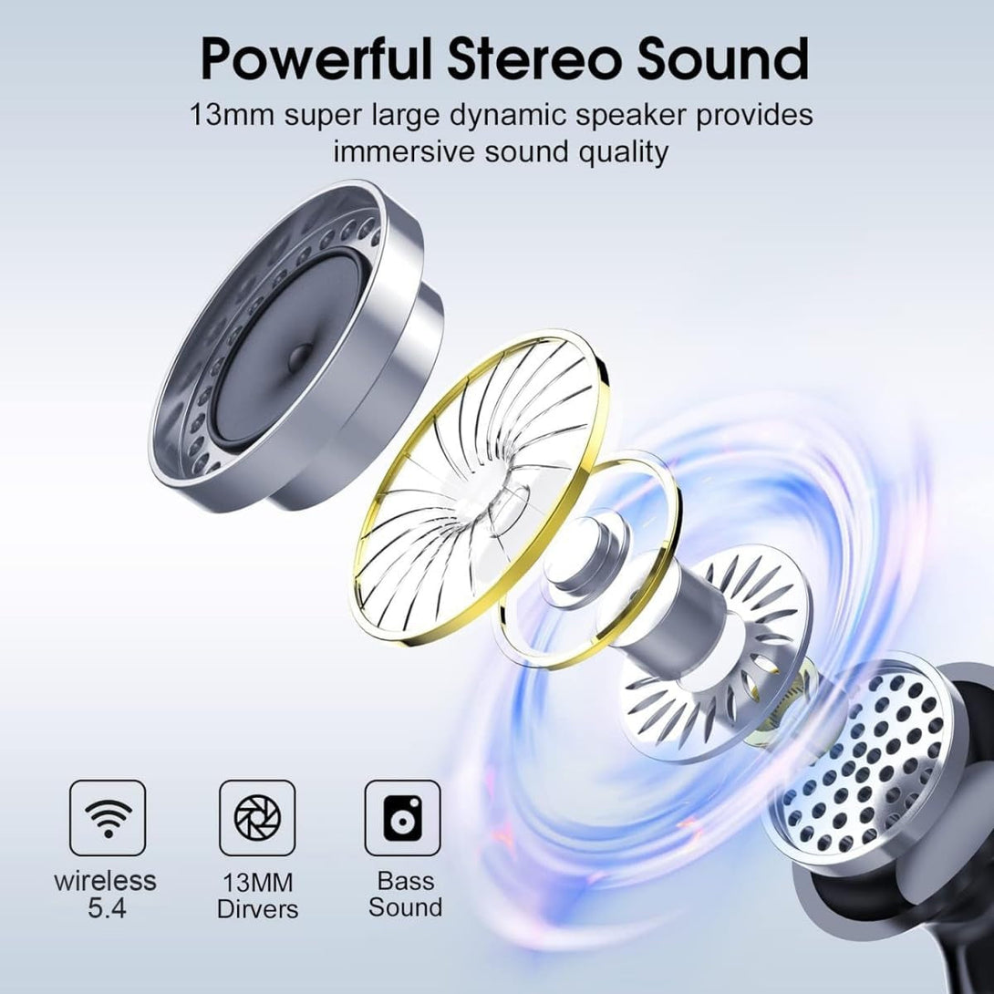Wireless Earbuds, Bluetooth 5.4 Headphones Ear Buds with Bass Stereo Sound Noise Reduction Earphones, 120H Playtime,Ipx7 Waterproof USB-C , Touch Control LED Display Headset for Work Sport (Black)