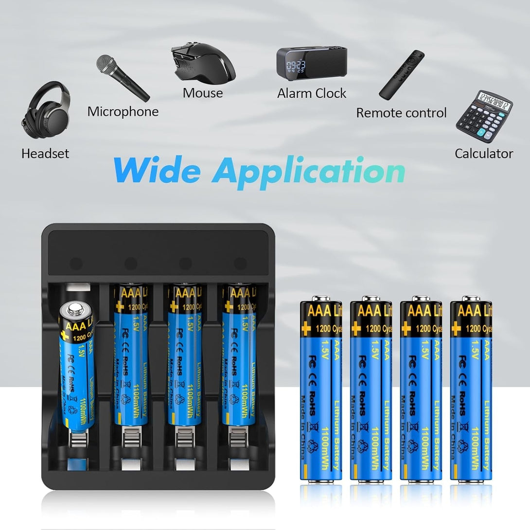Battery Charger with 8 Pack Rechargeable AAA Lithium Batteries,1.5V 3000Mwh Lithium Rechargeable Battery with AA/AAA Charger for Electric Toys, Remote,Flashlight,Electronic Scale Etc.