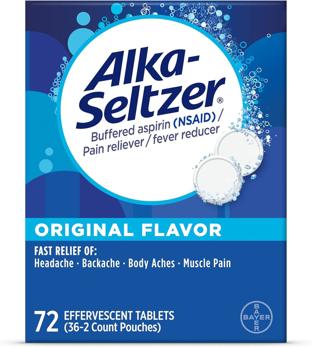 Alka-Seltzer Effervescent Tablets Original Flavor, Fast Multi-Symptom Relief from Headache and Body Ache, Dissolvable Effervescent Fizzy Tablets, 72 Ct