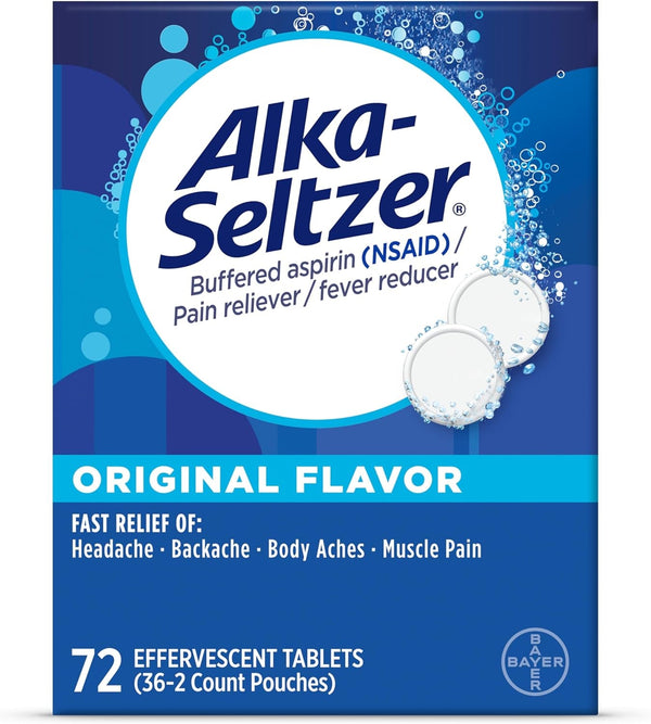 Alka-Seltzer Effervescent Tablets Original Flavor, Fast Multi-Symptom Relief from Headache and Body Ache, Dissolvable Effervescent Fizzy Tablets, 72 Ct