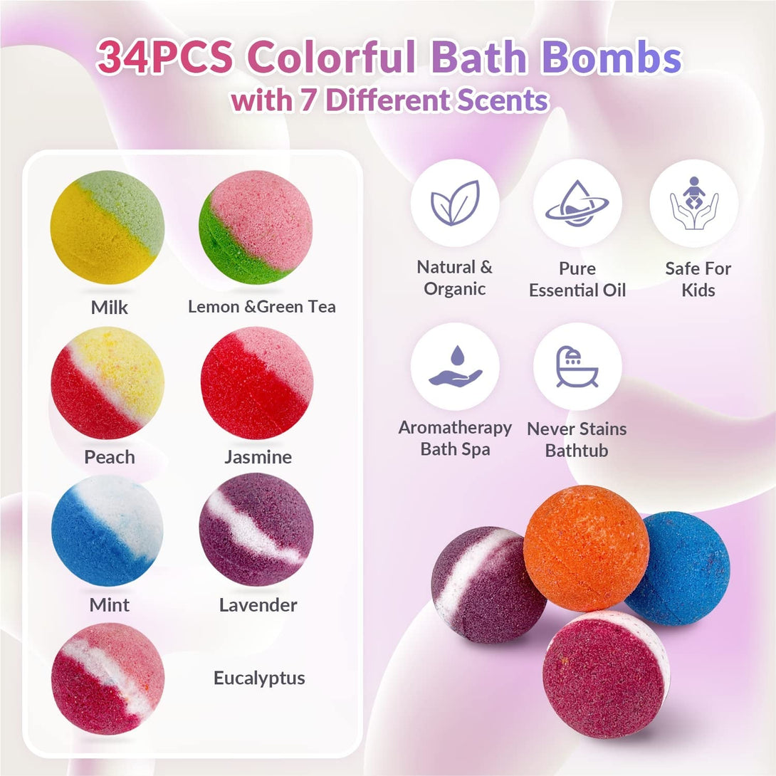 34 + 6 Bath Bombs with Crystal Toys inside for Kids, 34PCS Organic Surprise Bath Bomb Gift Set for Christmas, Birthday, Easter, Natural Fizzy Bath Home Spa, 6PCS Gift Bags for Girls and Boys