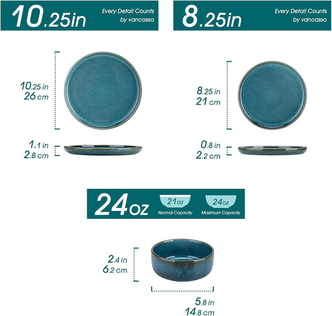 Vancasso VEGA Plates and Bowls Sets, 12 Pieces Stoneware Dinnerware Sets Dishes Set Modern Kitchen Dishware Sets Service for 4, Dishwasher and Microwave Safe, Blue
