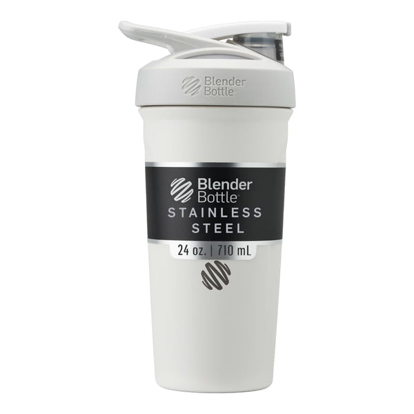 Blenderbottle Strada Shaker Cup Insulated Stainless Steel Water Bottle with Wire Whisk, 24-Ounce, White