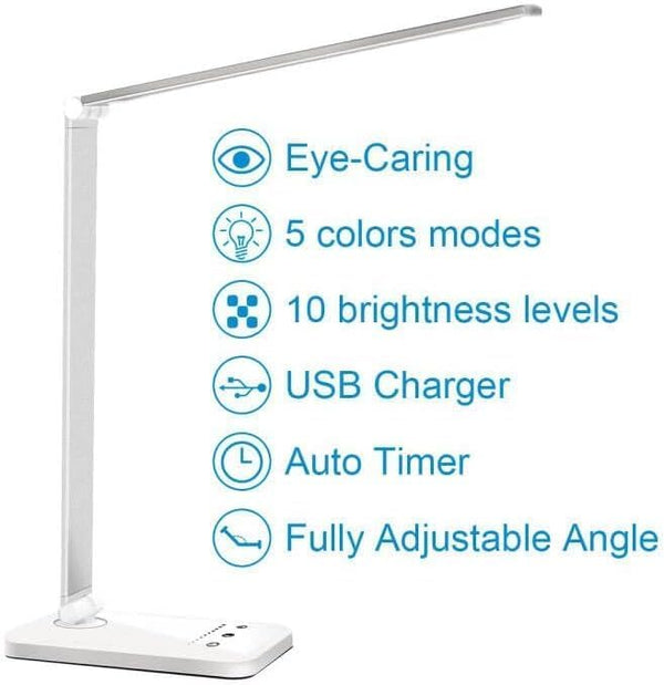 White Crown LED Desk Lamp Dimmable Table Lamp Reading Lamp with USB Charging Port, 5 Lighting Modes, Sensitive Control, 30/60 Minutes Timer