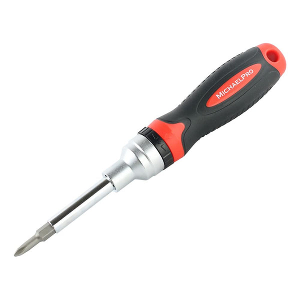Michaelpro MP002025 7-In-1 Ratcheting Screwdriver & Nut Driver, Multi-Bit, Cushioned Grip, Black/Red