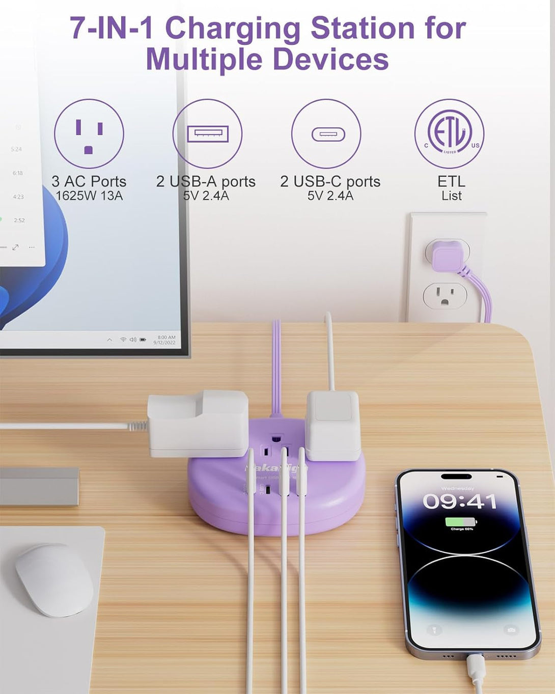 Purple Extension Cord with Surge Protected 1080J - 5 FT Flat Extension Cord, 1625W Cute Extension Cord with 3 AC Outlet 4 USB (24W/4.8A), Compact for Cute Purple Kawaii Lavender Accessories