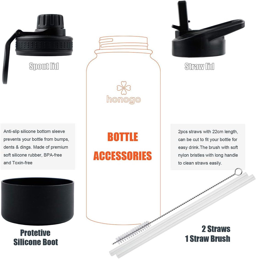 32 Oz Powder Coated Double Wall Vacuum Insulated Sports Water Bottle, 18/8 Stainless Steel Wide Mouth Thermal Flask with Straw Lid & Spout Lid, Leak Proof, Sweat Free, BPA Free (Orange, 32 Oz)