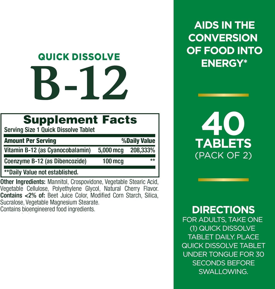 Vitamin B12 by Nature'S Bounty, Quick Dissolve Vitamin Supplement, Supports Energy Metabolism and Nervous System Health, 5000Mcg, 40 Tablets (Pack of 2)