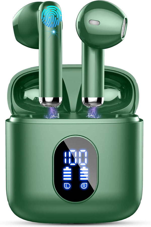 Wireless Earbuds, Bluetooth Headphones 5.4 with ENC Noise Cancelling Mics, 30H Bluetooth Ear Buds 3D Bass with LED Display Charging Case, IP7 Waterproof Wireless Earphones for Android, Ios, Green
