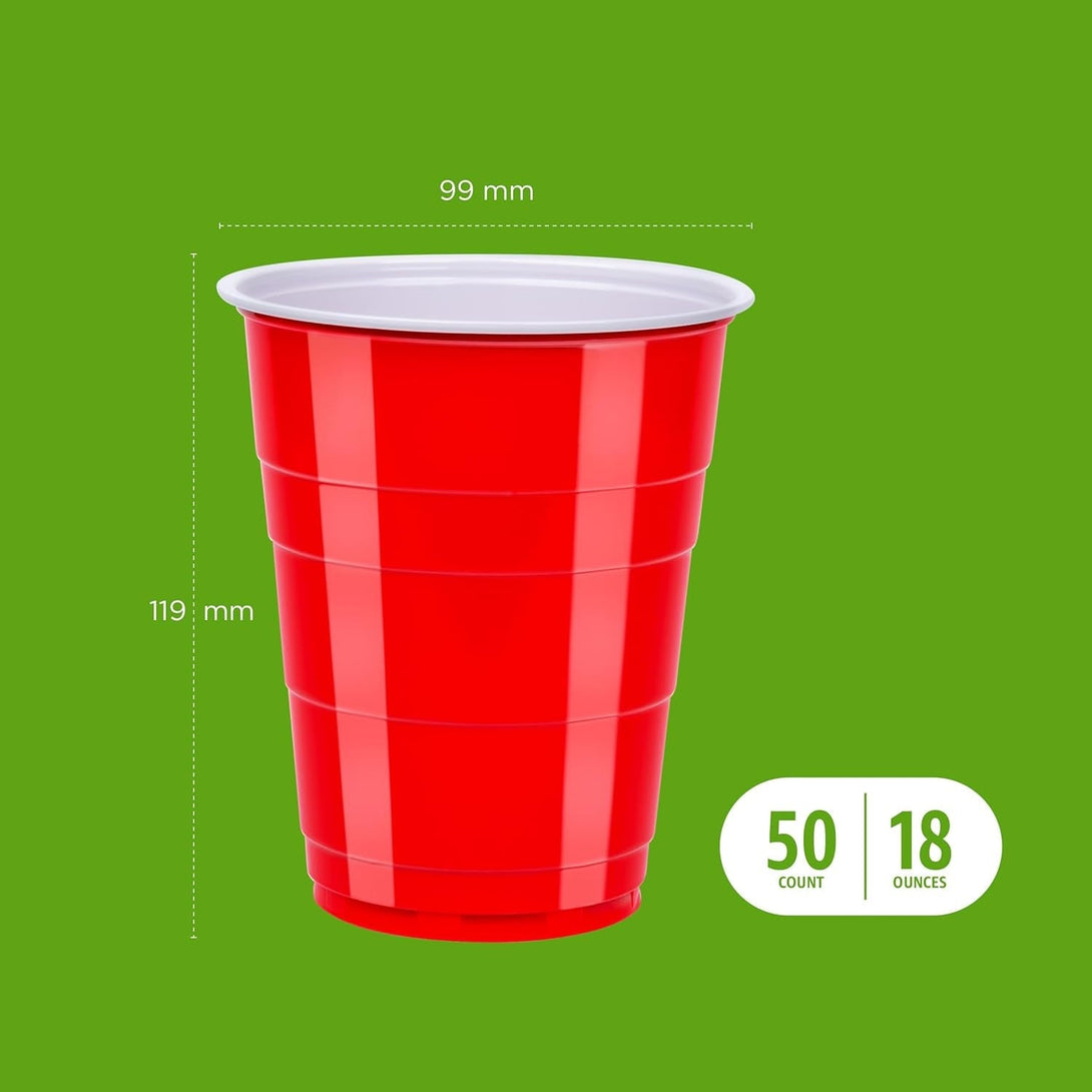 Amazon Basics Disposable Plastic Party Cups, Red, 18Oz, 50 Count