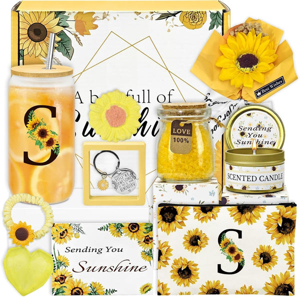 Sunflower Personalized Gifts for Women,12Pcs Sunflower Initial Gifts,Initial Glass Cup,Monogrammed Gifts for Women,Birthday Gifts for Women,Sunshine Get Well Gifts for Women,Mom-A-S