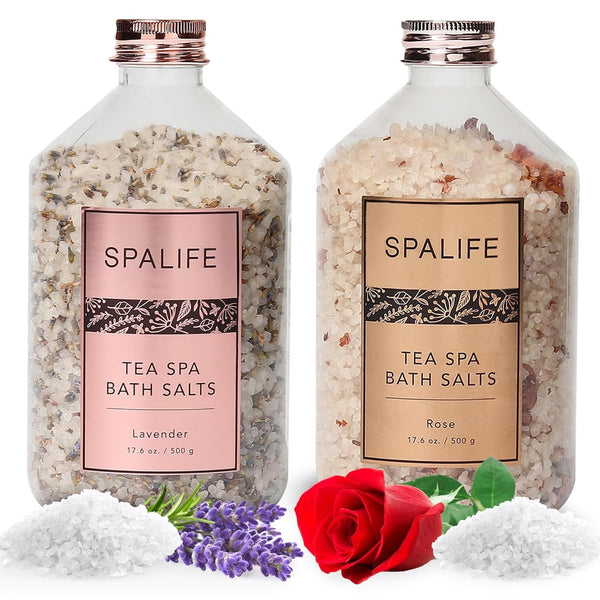 Spalife Tea Spa Petal-Infused Effervescent Mineral Bath Salts - Lavender & Rose, 2-Pack 17.6 Oz. Ea for Relaxing Aromatherapy and Soothing Soaks