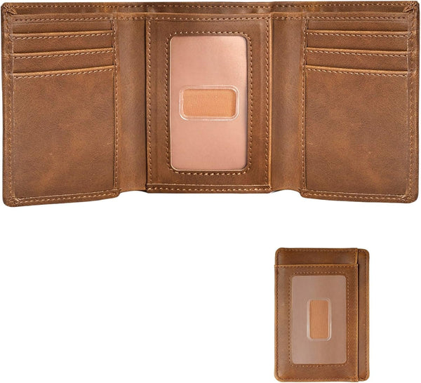 Trifold Wallet for Men Wallets with 8 Card Slot and 2 Money Pocket and 1 Clear Windows Slot + 1 Slim Card Pocket for Credit Card with 6 Card Slot and 1 Transparent Windows Slot - Brwon