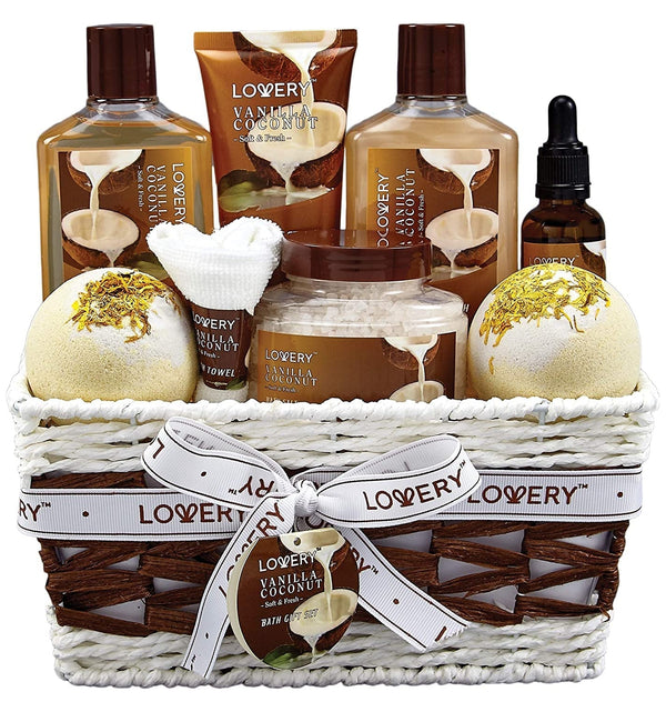 Bath and Body Gift Basket for Women and Men â€“ 9 Piece Set of Vanilla Coconut Home Spa Set, Includes Fragrant Lotions, Extra Large Bath Bombs, Coconut Oil, Luxurious Bath Towel & More