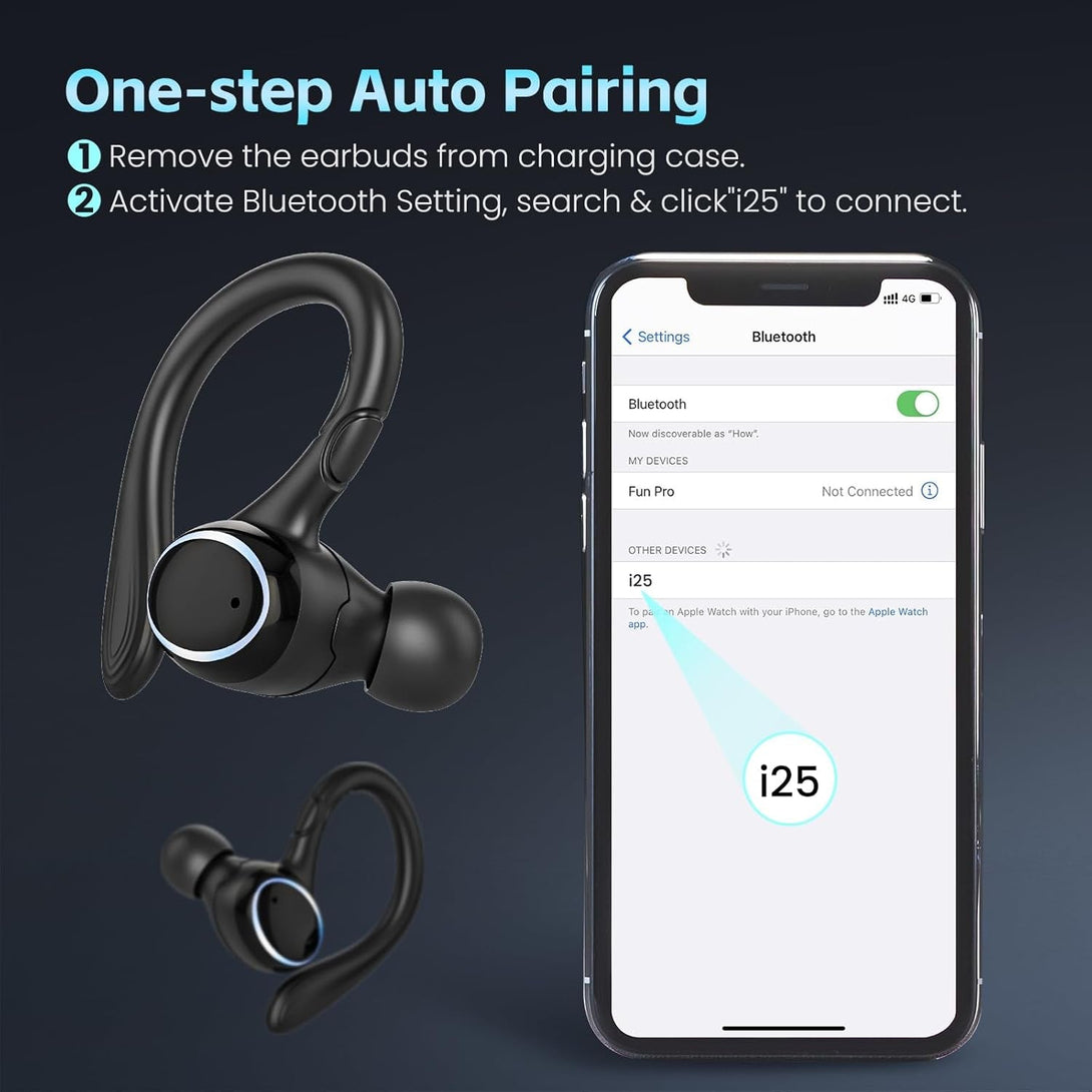 Wireless Earbuds Bluetooth 5.3 Headphones Stereo Ear Buds, ENC Noise Cancelling Mic,Ipx7 Waterproof Earphones with Hook for Android Ios Smart Phone Laptop Computer Sports - Black