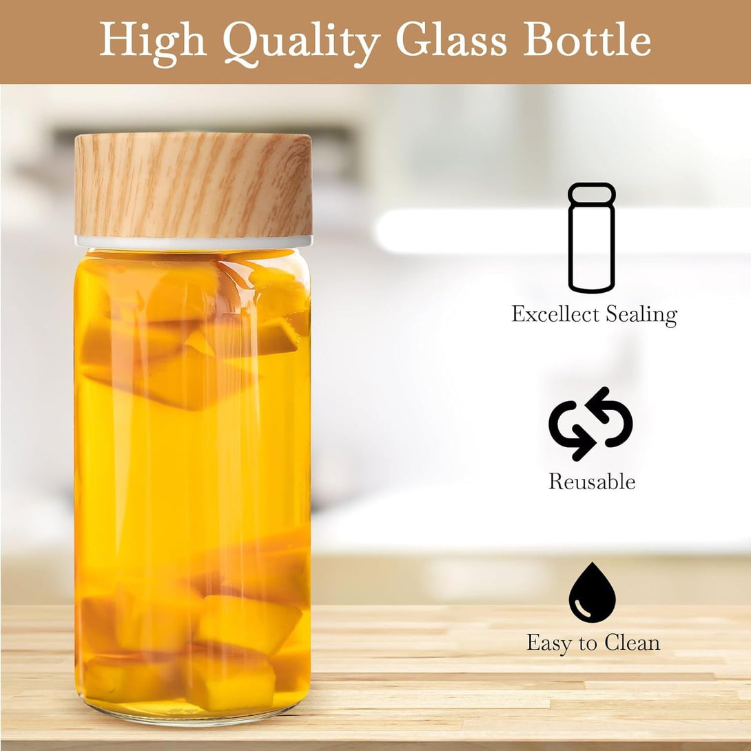 Nuogo 6 Pack Glass Bottles with Lids 12 Oz Juicing Bottles Reusable Wide Mouth Glass Cups Airtight Leak Proof Drinking Milk Water Tea Cups for Storage(Wood)