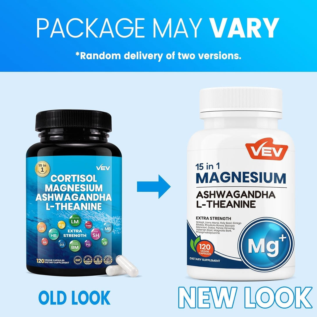 VEV Magnesium Glycinate & Citrate Cortisol Supplements for Women, Stress and Sleep Support with Ashwagandha & L-Theanine, Cortisol Manager, 120 Vegan Capsules