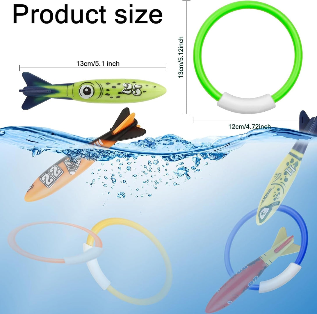 8 Packs Pool Toys, Pool Toys for Kids Ages 4-6-8-10-12, Shark Underwater Training Pool Diving Rings Swimming Pool Toys with Dive Rings Torpedo for Kids Gifts Toddler Summer Swim Water Fun Pool Games