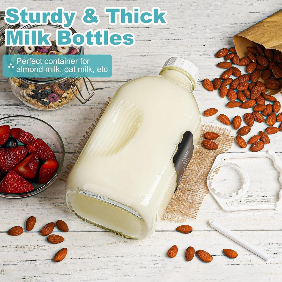 64 Oz Heavy Duty Glass Milk Bottle with Reusable Airtight Strong SCREW LID - 1/2 Gallon Water Bottles with Scale Lines - 2 Qt Glass Milk Jug Pitcher - Extra Gaskets & Handle!