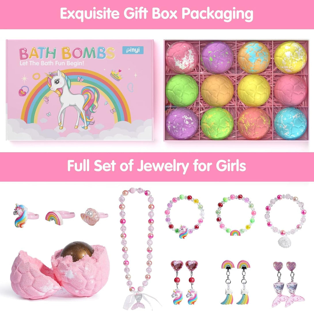 Kids Bath Bombs for Girls with Toys Inside, 12+1 Pack Unicorn Bath Bombs with Surprise Jewelry for Kids, Princess Girls Bathbombs with Mermaid Necklace 3 4 Year Old Girl Birthday Easter Gifts