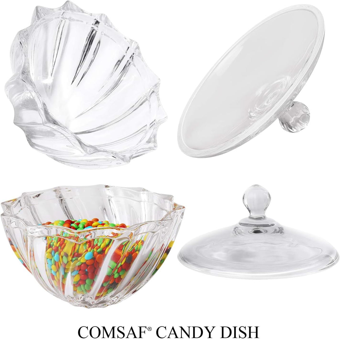 Comsaf Glass Candy Dish with Lid, 30OZ Large Jar for Office Desk, Covered Dish, Decorative Cute Container, Jewelry Box for Wedding Party Buffet Decor