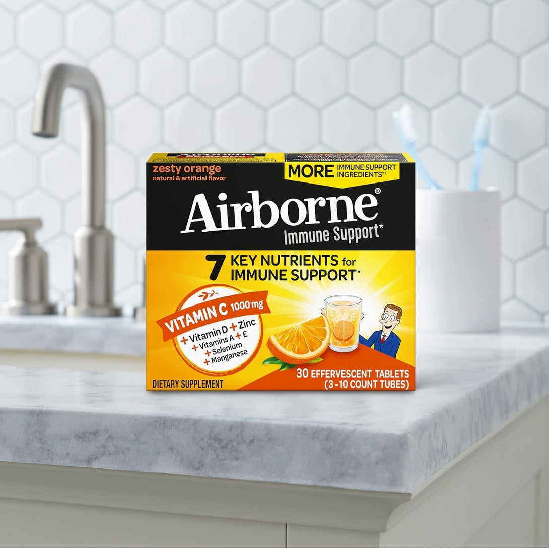 Airborne Vitamin C 1000Mg (Per Serving) - Zesty Effervescent Tablets, Gluten-Free Immune Support Supplement, Echinacea & Ginger, Orange, Citrus, 30 Count (Pack of 3)