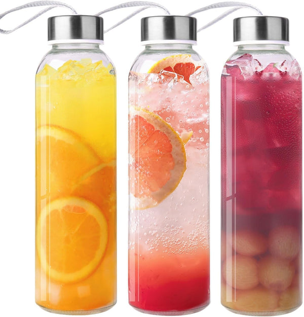 3 Packs Glass Water Bottles with Lid Clear Juice Bottles Reusable Bottle with Stainless Steel Cap Glass Cups Liquid Storage Containers for Juicing Beverage Refrigerator Travel-18Oz
