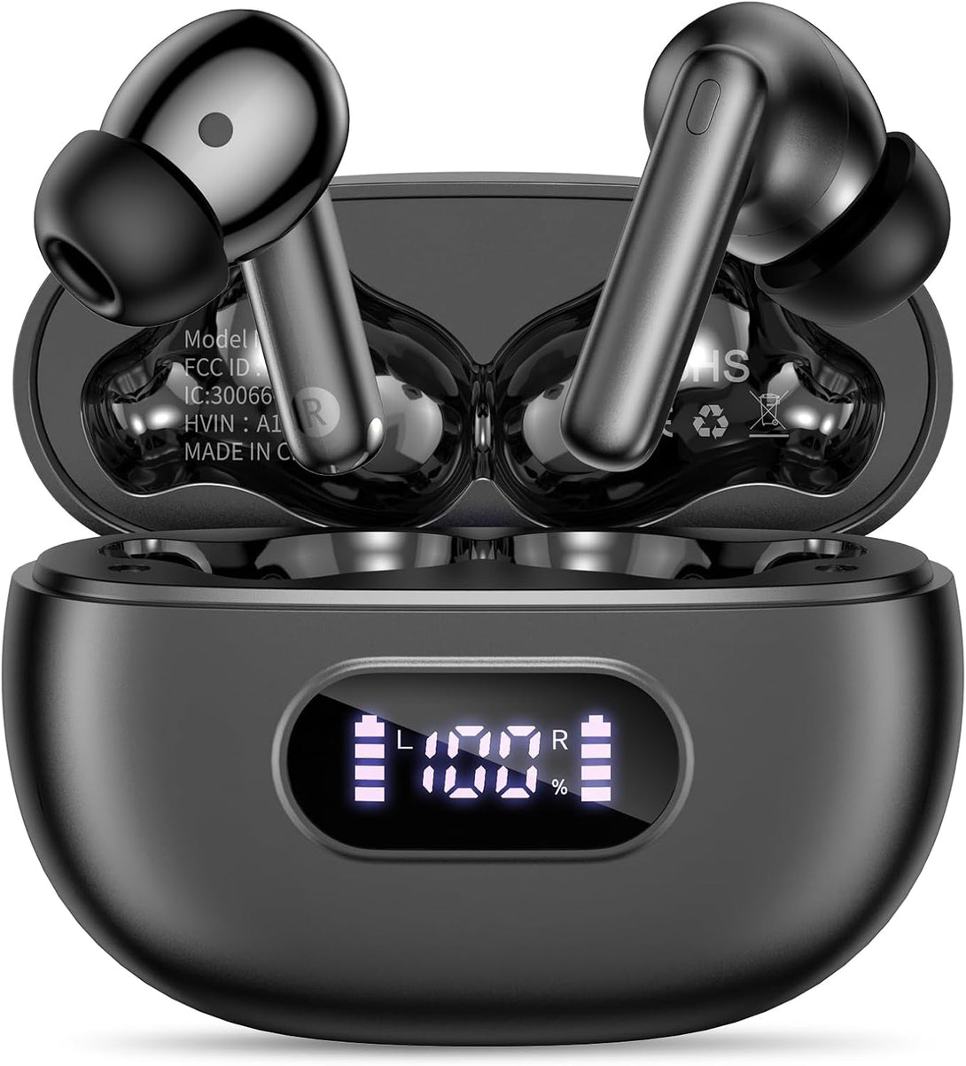 Wireless Earbuds Bluetooth 5.4 Headphones Deep Bass and Noise Cancellation, 50 Hrs Playtime Bluetooth Ear Buds Led Display Wireless Headphones, IPX7 Waterproof Earphones for Android Ios Glossy Black