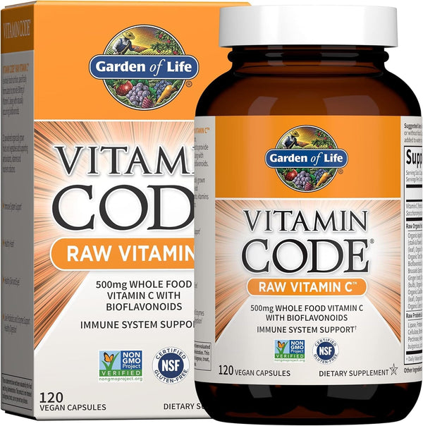 Garden of Life - Vitamin Code Raw Vitaminc - 120 Vegan Capsules, 500Mg Whole Food Vitaminc with Bioflavonoids, Fruits & Veggies, Probiotics, Gluten Free Vitamin-C Supplements for Adults