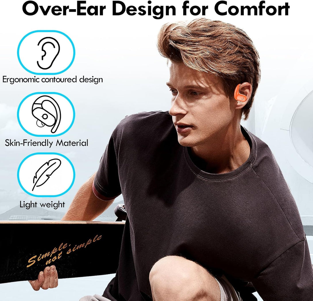 Kurdene Wireless Earbuds Bluetooth Headphones Sport,Over Ear Buds with Deep Bass Sound,60Hrs Playtime Earphones Redesigned Comfort Fit with Earhooks for Running,Meeting,Workout