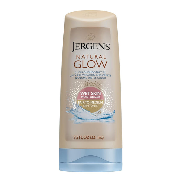 Jergens Natural Glow in Shower Lotion, Self Tanner for Fair to Medium Skin Tone, Sunless Tanning Wet Skin Lotion for Gradual, Flawless Color, 7.5 Ounce (Packaging May Vary)