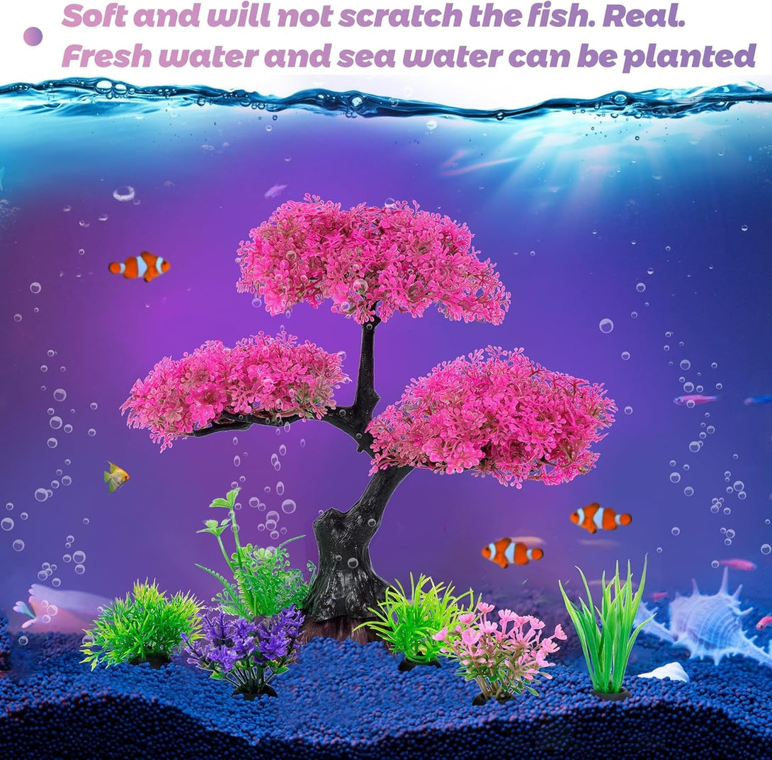 Ameliade Aquarium Artificial Plastic Plants Decoration, Pink Cherry Blossom Tree Aquarium Decor Set, Goldfish Betta Fish Tank Decorations Hides Accessories（Pink