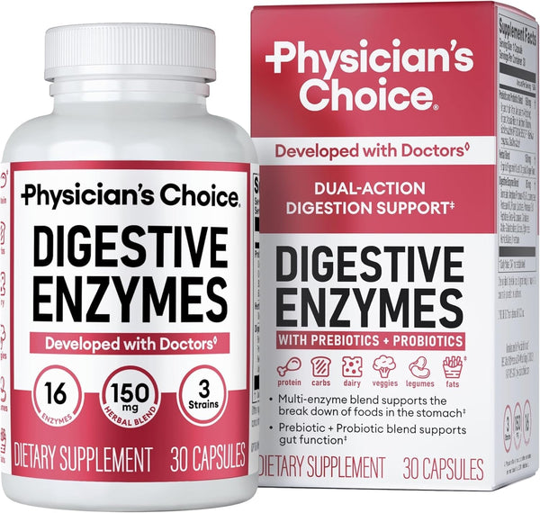 Physician'S CHOICE Digestive Enzymes - Multi Enzymes, Bromelain, Organic Prebiotics & Probiotics for Digestive Health & Gut Health - Bloating & Meal Time Discomfort - Dual Action - All Diets - 30 CT