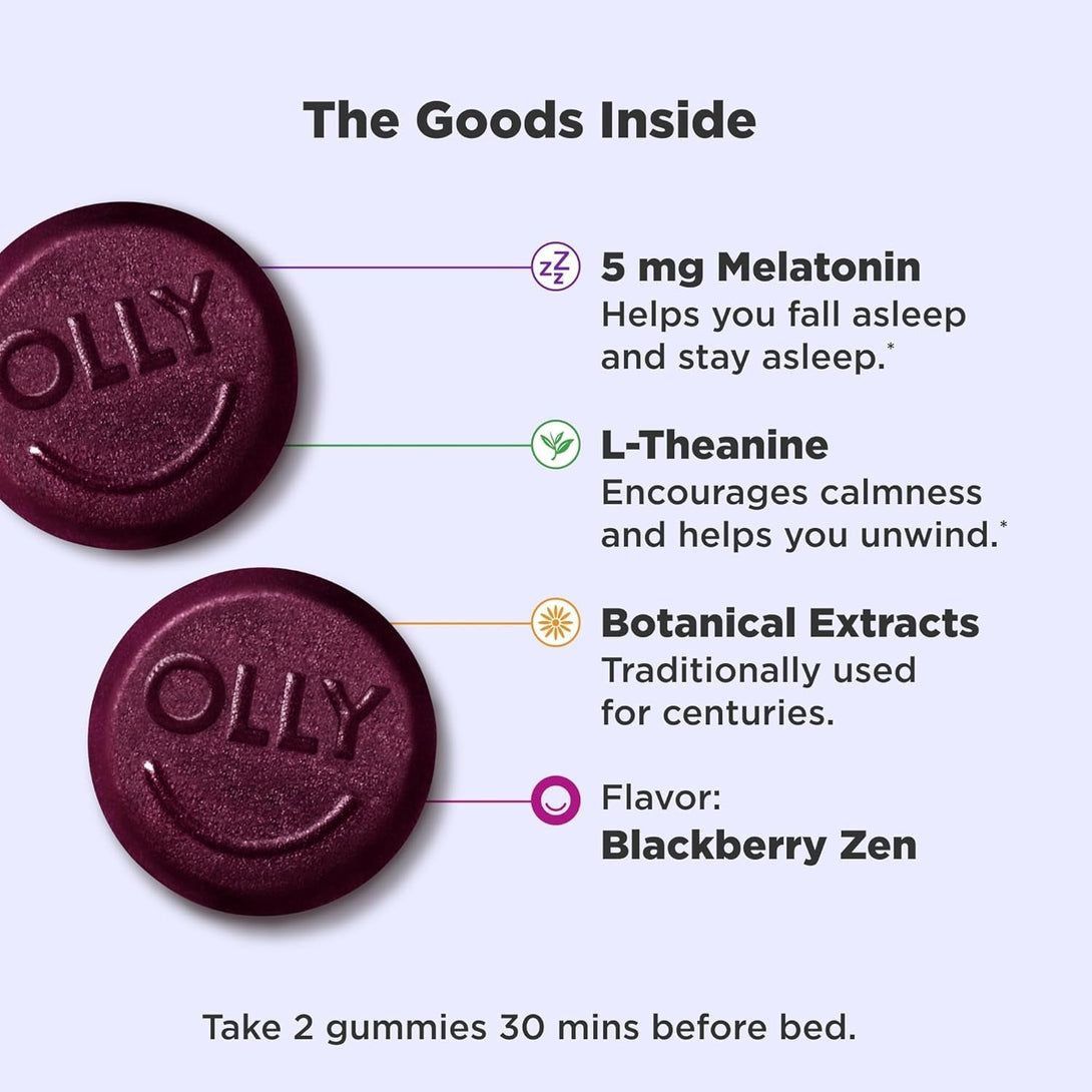 OLLY Extra Strength Sleep Gummy, 5 Mg Melatonin, L-Theanine, Chamomile, Lemon Balm, Sleep Aid, Blackberry - 50 Count