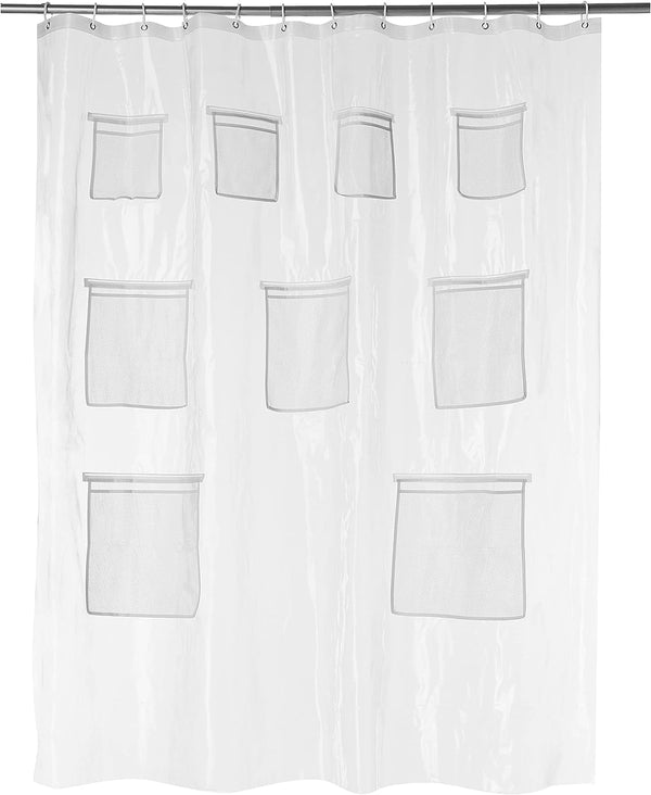 Amazon Basics 8-Gauge PEVA Shower Curtain or Liner with Mesh Storage Pockets - 72" X 72", Clear