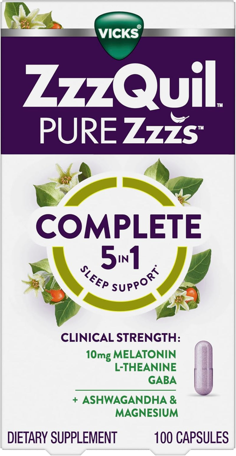 Zzzquil Pure Zzzs Complete Sleep, Melatonin 10Mg, L-Theanine, GABA, with Ashwagandha, and Magnesium, Melatonin Sleep Aid, 100 Count