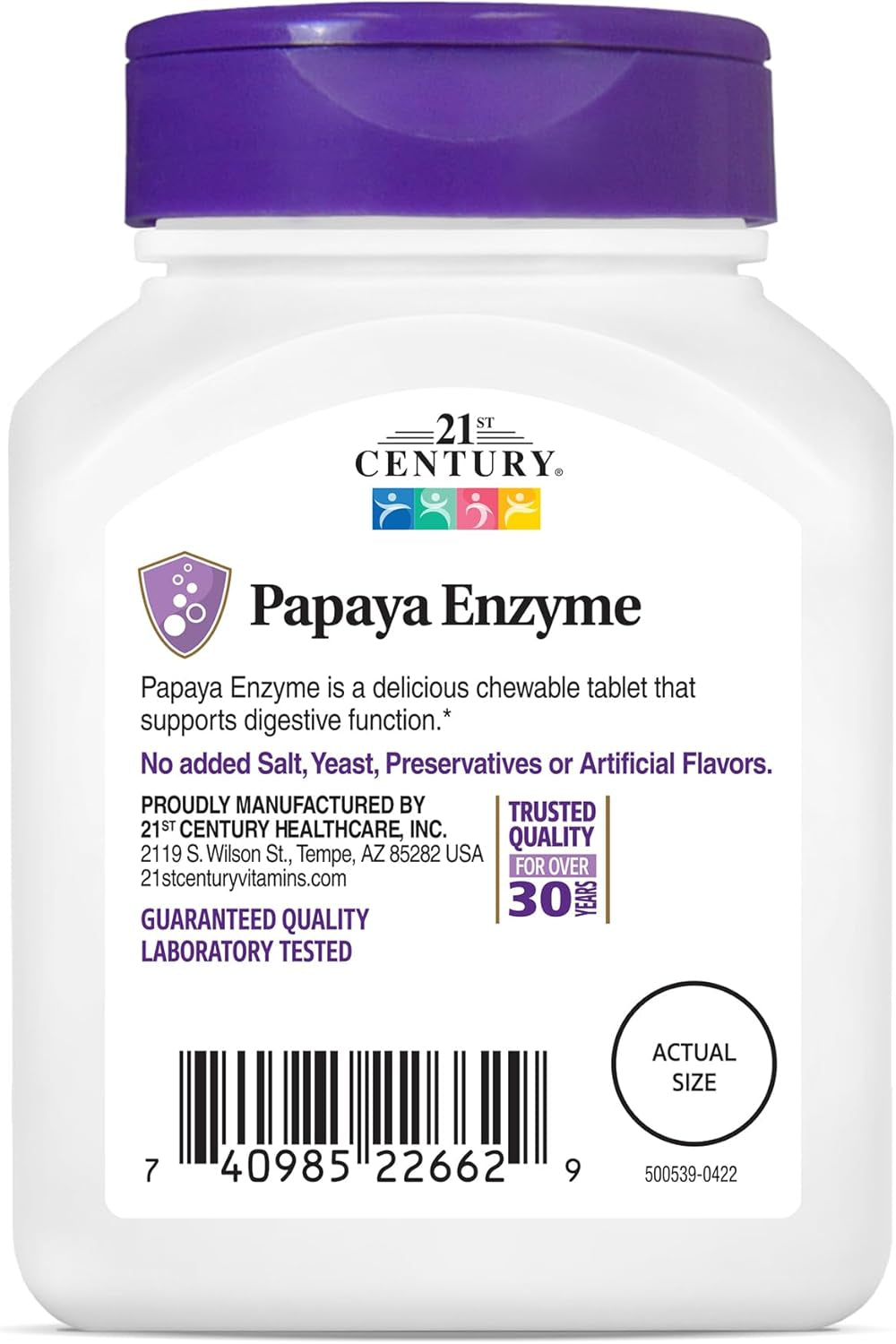 21St Century Papaya Enzyme Chewable (100 Count), Papaya & Pineapple Digestive Enzymes for Gut Health, Tropical Flavor, Non-Gmo, Gluten-Free, No Added Salt, Yeast, Artificial Flavors