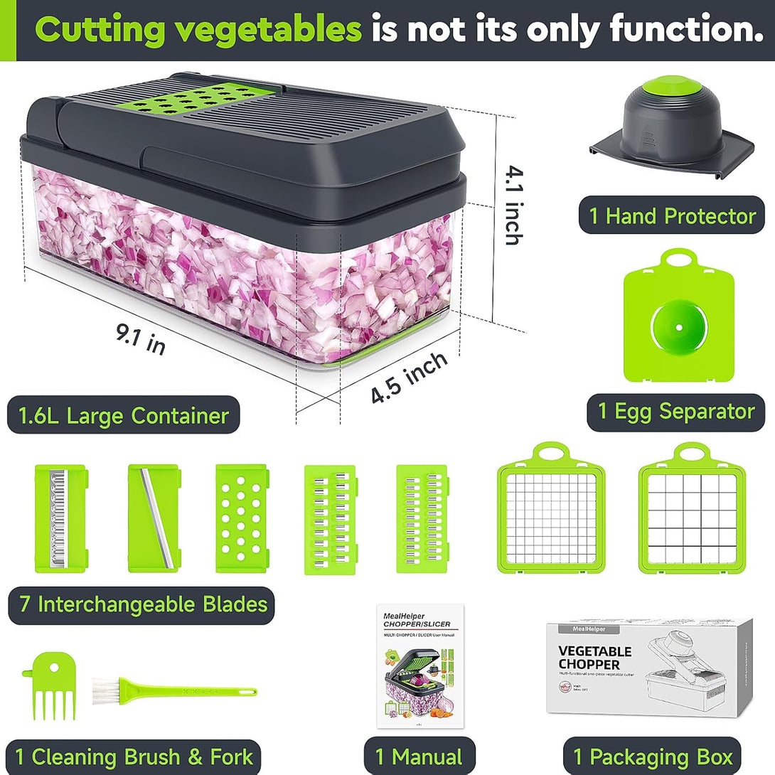 12-In-1 Vegetable Chopper, 7 Blade Veggie Chopper, Practical Food Chopper with Container, Cheese Grater, Home Essentials & Kitchen Gadgets(Green/Grey)