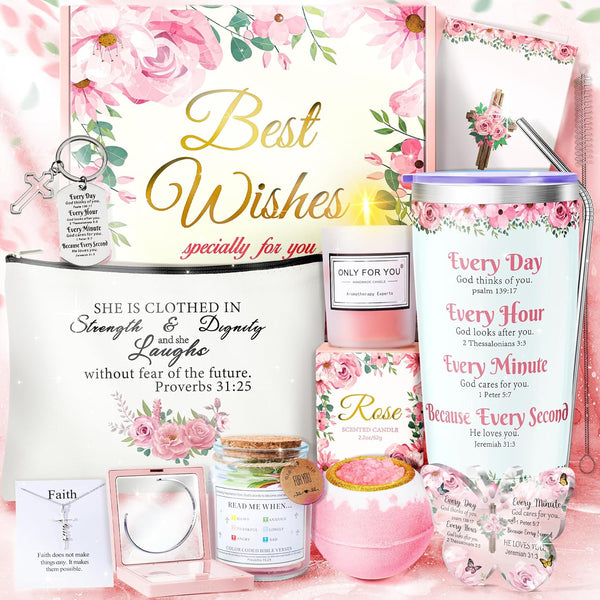 13PCS Christian Gifts for Women Faith, Pink Birthday Gifts for Women, Inspirational Gifts,Self Care Gifts Get Well Soon Gifts Basket, Care Package for Mom Wife Her Sister Best Friends