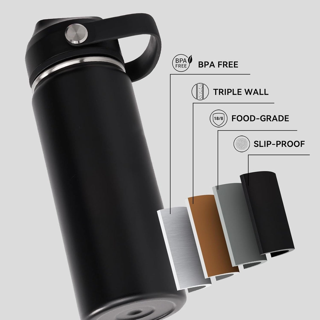 24Oz Insulated Stainless Steel Water Bottle, Wide Mouth Double Wall Vacuum, Silicone Straw, Sweat & Leak Proof, BPA Free Insulated Water Flask for Travel, Keep Cold 24H Hot 12H, Black