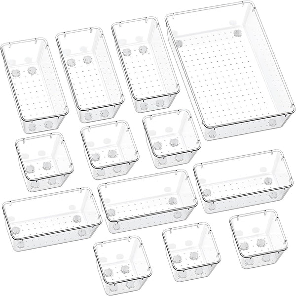 13-Piece Clear Plastic Drawer Organizers: 3 Sizes, Stackable, Anti-Slip, Multi-Function, 2-Year Warranty