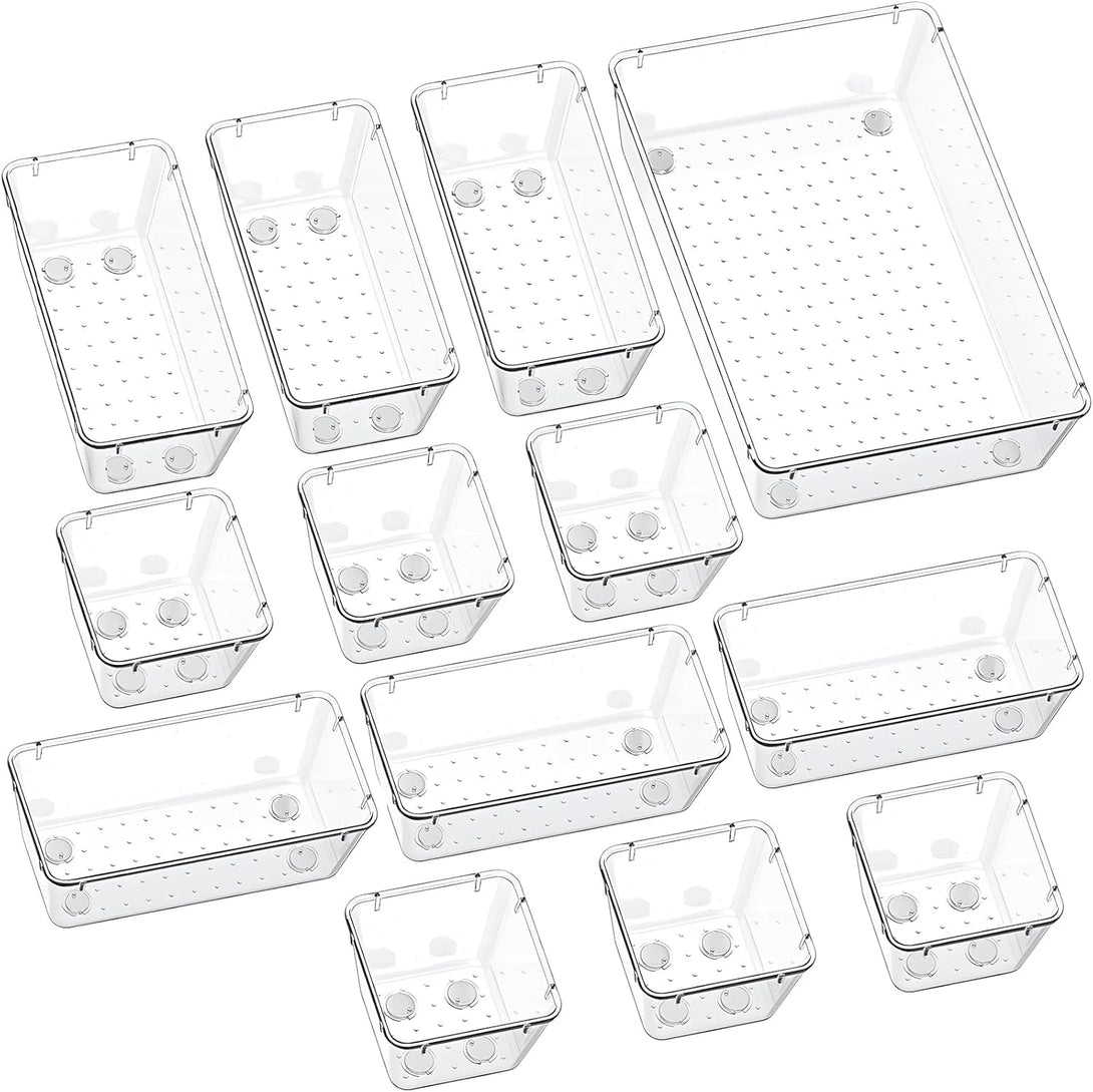 13-Piece Clear Plastic Drawer Organizers: 3 Sizes, Stackable, Anti-Slip, Multi-Function, 2-Year Warranty
